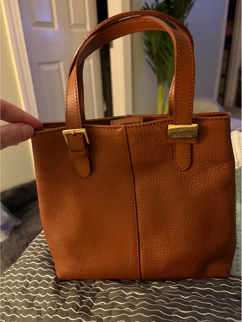 Burberry Small Brown Pebbled Leather Tote Nova Check lining.